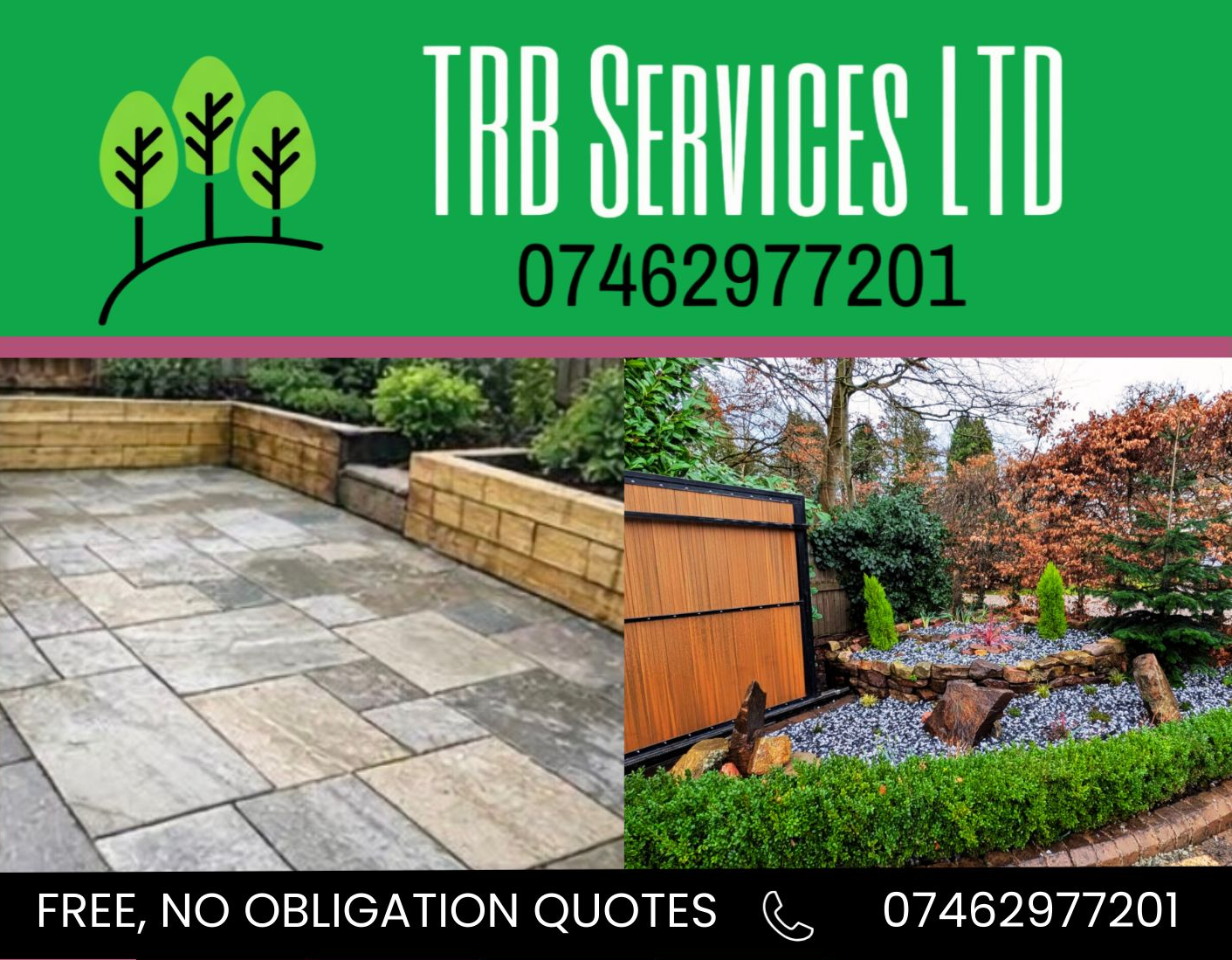 TRB Services Ltd &mdash; landscaping and groundworks. Free, no obligation quotes on 07462977201.